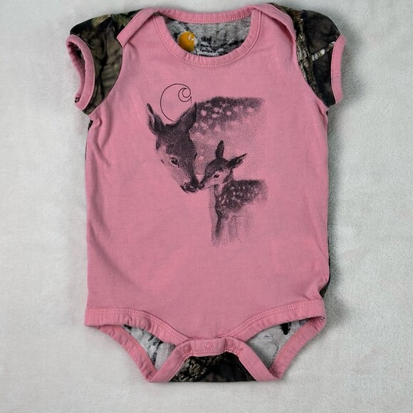 CARHARTT Pink Mossy Oak Hunting Deer Graphic Camo Sleeve Infant Girl Bodysuit 6M - Picture 2 of 13
